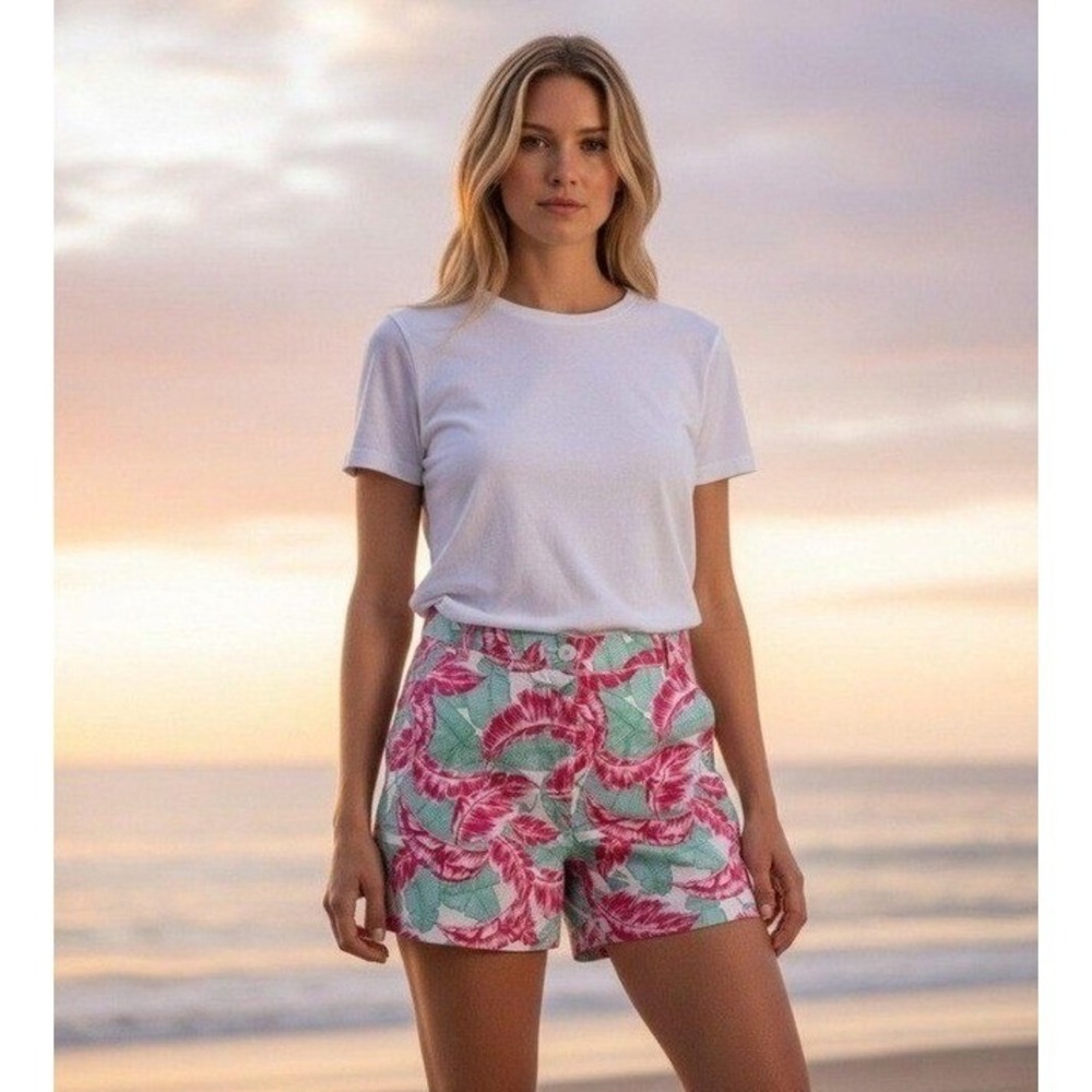 Caribbean Joe Womens Size 16 Pink Teal Tropical Palm Leaf‎ 5in Shorts 291045 NWT